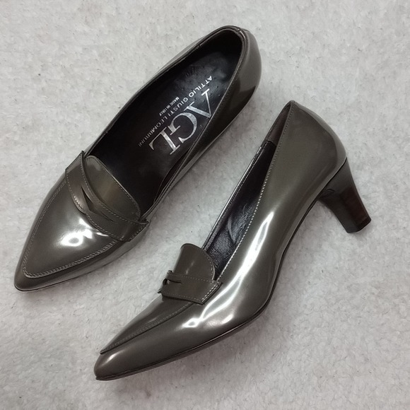 Attilio Giusti Leombruni Shoes - AGL Grey Patent Pointed Toe Penny Loafer Pump Wetty Pebble Heels SZ 37.5